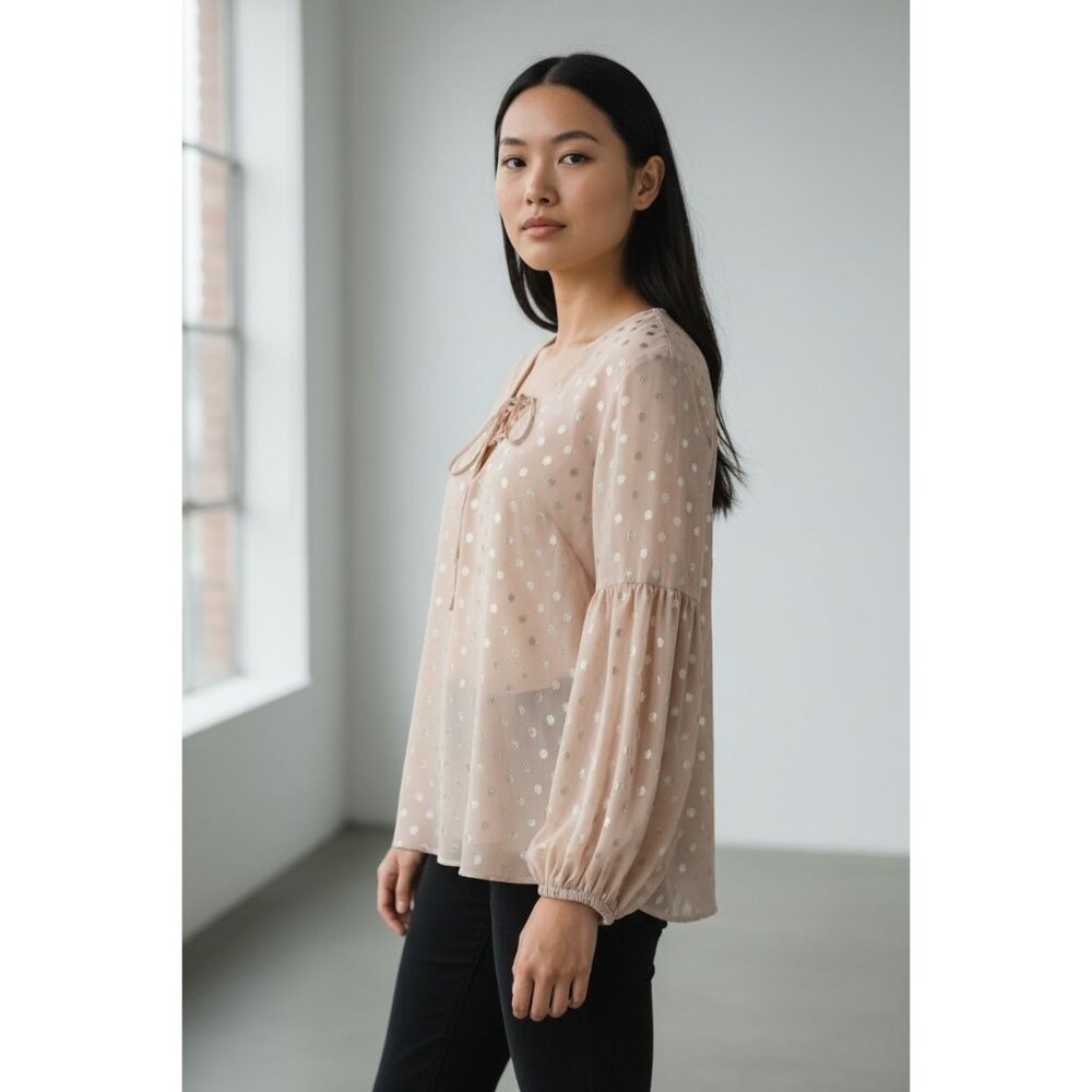 NEW Lavender Brown Metallic Dots Blouse Women S Sheer Nude Long Sleeve Boho Top